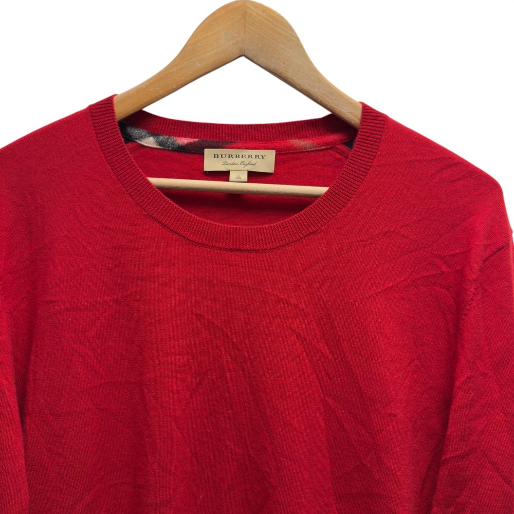 Burberry London Mens XL Red 100% Cashmere Nova Check Plaid Trim Crewneck Sweater